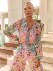 V&A I Love & Roses Pink Petite Long Sleeve Shirred Neck Blouse - Image 1 of 4