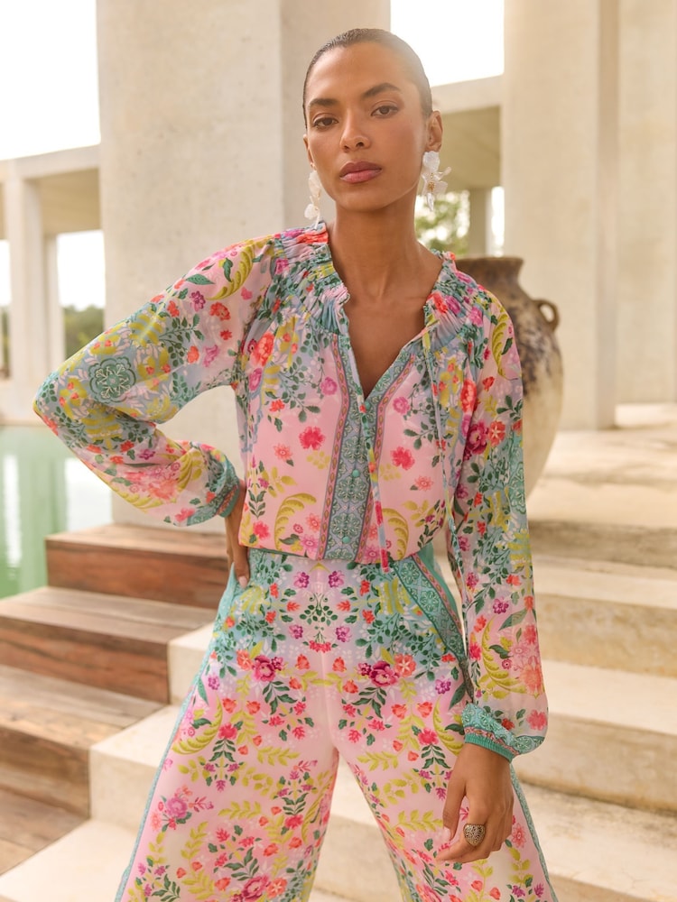 V&A I Love & Roses Pink Petite Long Sleeve Shirred Neck Blouse - Image 1 of 4