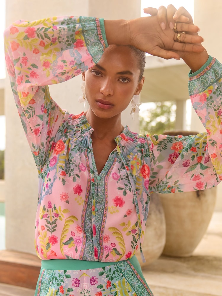 V&A I Love & Roses Pink Petite Long Sleeve Shirred Neck Blouse - Image 2 of 4