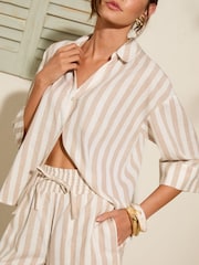Friends Like These Oatmeal Stripe Linen Blend Elasticated Tie Front Shorts - Image 4 of 4