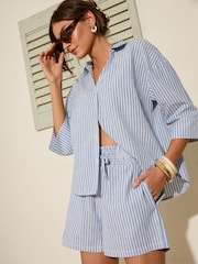Friends Like These Blue Stripe Linen Blend Elasticated Tie Front Shorts - Image 3 of 4