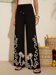 Friends Like These Black Palm Embroidered 100% Cotton Trousers - Image 1 of 5