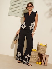 Friends Like These Black Palm Embroidered 100% Cotton Trousers - Image 2 of 5