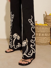 Friends Like These Black Palm Embroidered 100% Cotton Trousers - Image 3 of 5