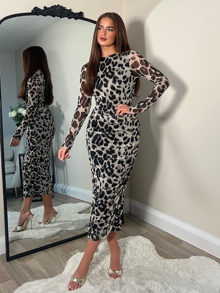 Girl In Mind Brown Zia Long Sleeves Midi Mesh Dress - Image 1 of 4