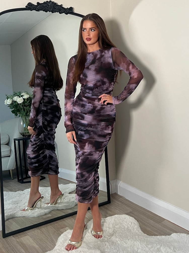 Girl In Mind Purple Zia Long Sleeves Midi Mesh Dress - Image 1 of 4