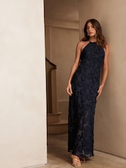 Navy Blue Occasion Floral Textured Maxi Dress - Image 1 of 6