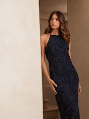Navy Blue Occasion Floral Textured Maxi Dress - Image 2 of 6