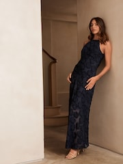 Navy Blue Occasion Floral Textured Maxi Dress - Image 3 of 6
