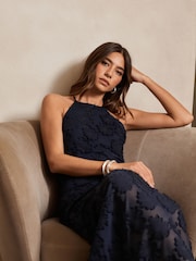 Navy Blue Occasion Floral Textured Maxi Dress - Image 4 of 6