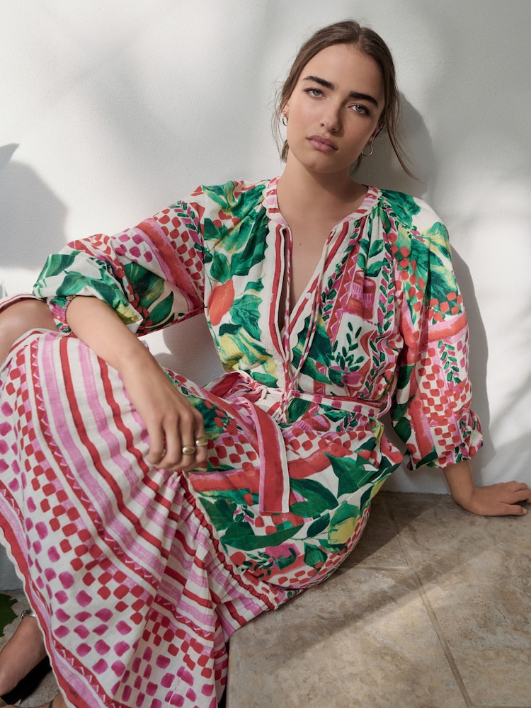 Pink & Green Fruit Print Tie Waist 100% Cotton Midi Shirt Dress - Image 1 of 8