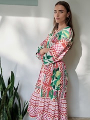 Pink & Green Fruit Print Tie Waist 100% Cotton Midi Shirt Dress - Image 2 of 8