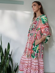 Pink & Green Fruit Print Tie Waist 100% Cotton Midi Shirt Dress - Image 3 of 8