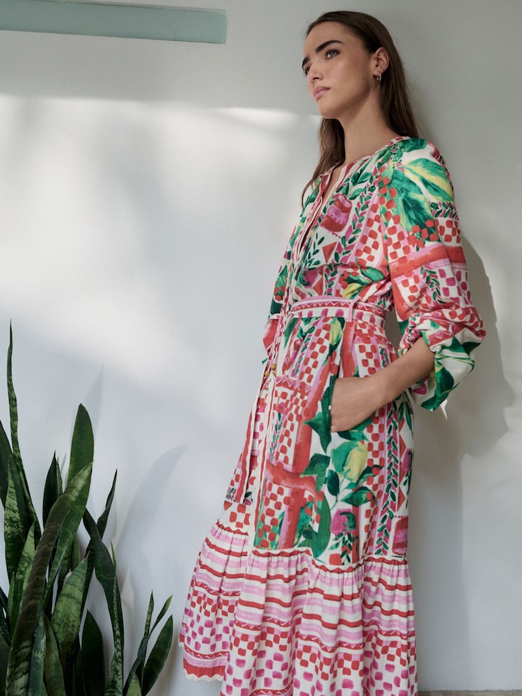 Pink & Green Fruit Print Tie Waist 100% Cotton Midi Shirt Dress - Image 3 of 8