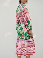 Pink & Green Fruit Print Tie Waist 100% Cotton Midi Shirt Dress - Image 4 of 8