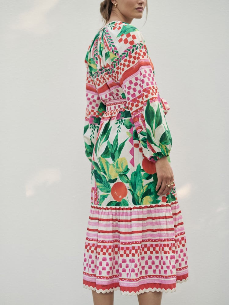Pink & Green Fruit Print Tie Waist 100% Cotton Midi Shirt Dress - Image 4 of 8