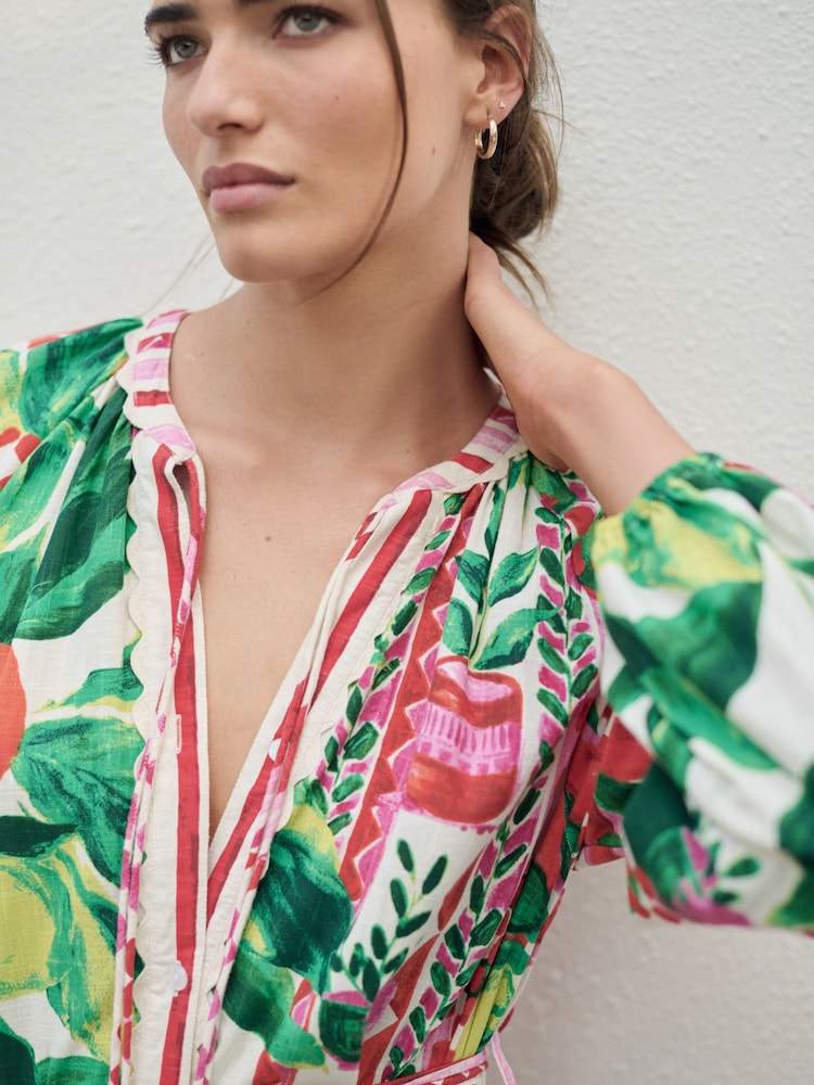 Pink & Green Fruit Print Tie Waist 100% Cotton Midi Shirt Dress - Image 5 of 8