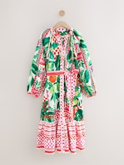 Pink & Green Fruit Print Tie Waist 100% Cotton Midi Shirt Dress - Image 6 of 8
