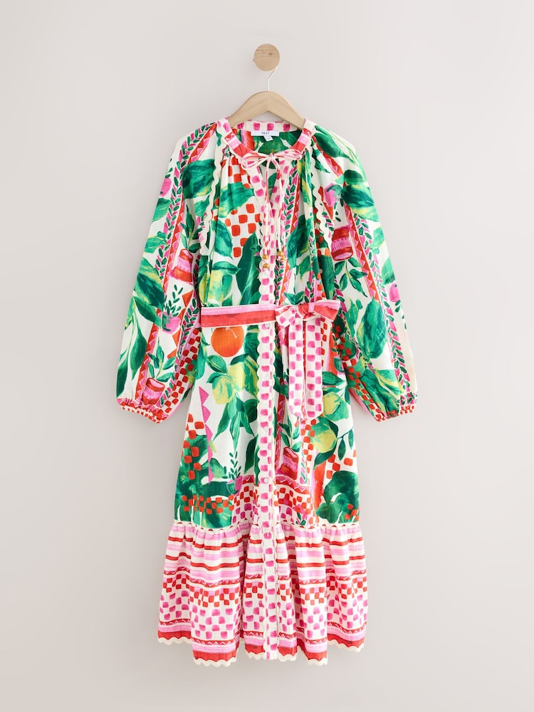 Pink & Green Fruit Print Tie Waist 100% Cotton Midi Shirt Dress - Image 6 of 8