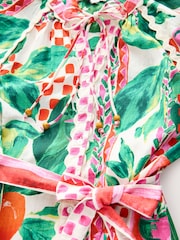 Pink & Green Fruit Print Tie Waist 100% Cotton Midi Shirt Dress - Image 7 of 8