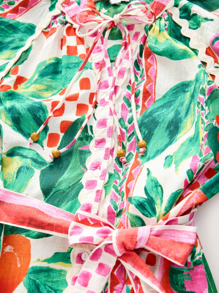 Pink & Green Fruit Print Tie Waist 100% Cotton Midi Shirt Dress - Image 7 of 8