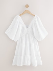 White Textured V-Neck 100% Cotton Mini Dress - Image 1 of 3