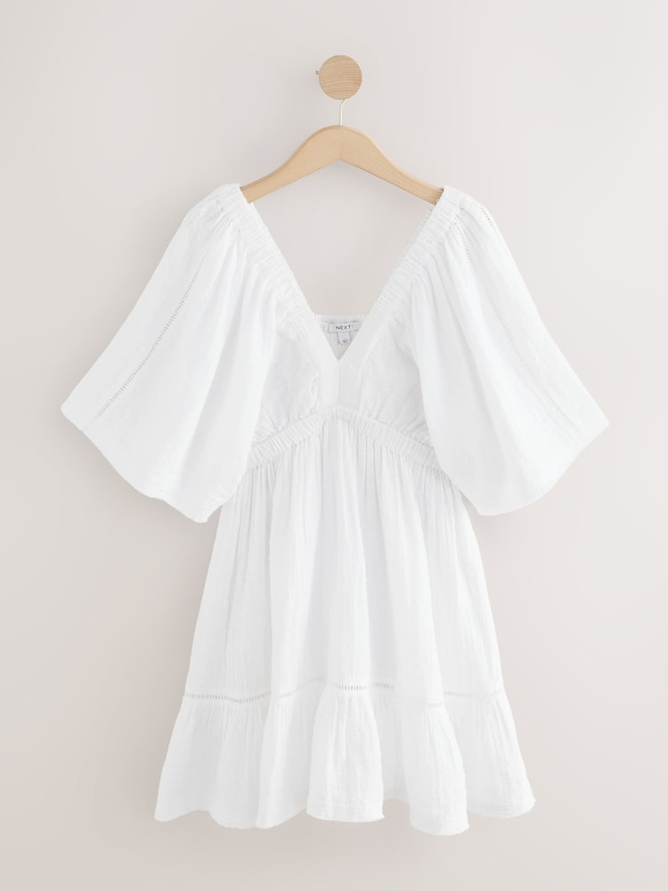 White Textured V-Neck 100% Cotton Mini Dress - Image 1 of 3