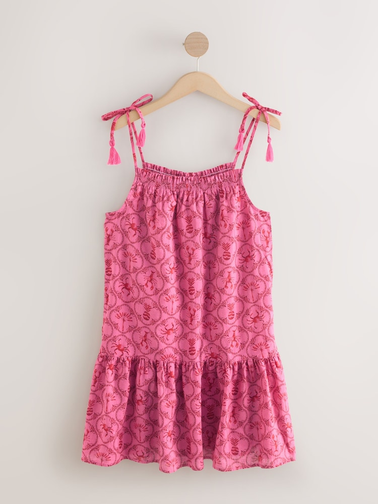 Pink Crustaceans Print Tie Strap Tiered Mini Dress - Image 1 of 1