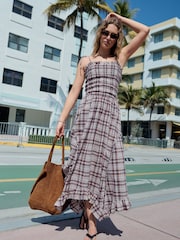 Charcoal Grey Check Shirred Body Asymetric Hem Midi Dress - Image 1 of 7
