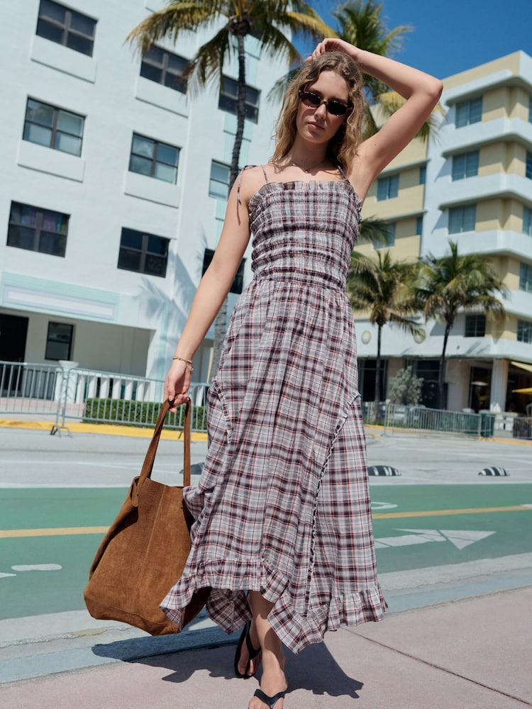 Charcoal Grey Check Shirred Body Asymetric Hem Midi Dress - Image 1 of 7