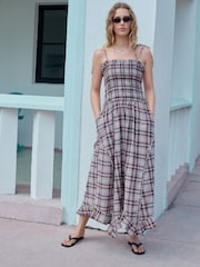 Charcoal Grey Check Shirred Body Asymetric Hem Midi Dress - Image 2 of 7