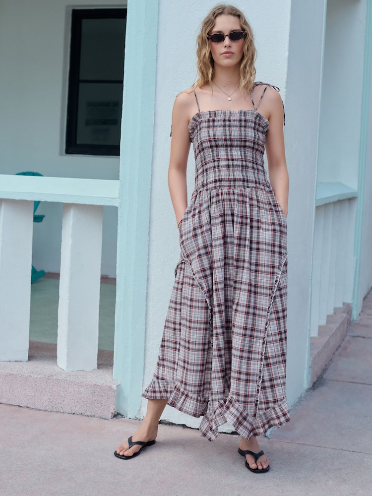 Charcoal Grey Check Shirred Body Asymetric Hem Midi Dress - Image 2 of 7