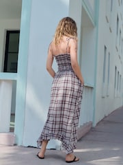 Charcoal Grey Check Shirred Body Asymetric Hem Midi Dress - Image 3 of 7