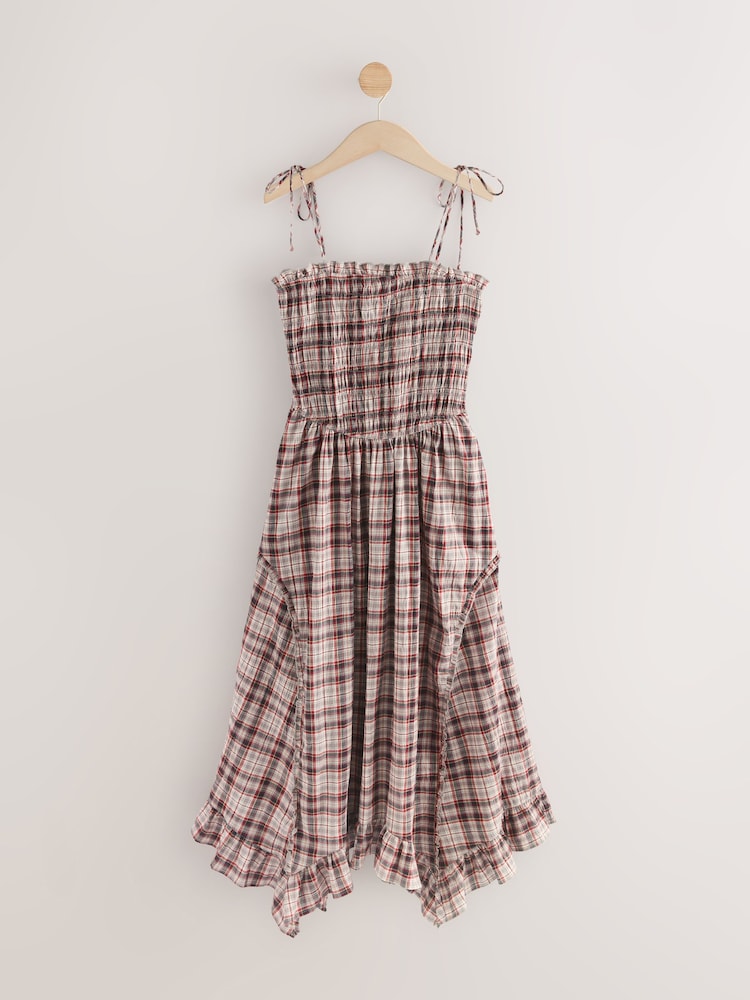 Charcoal Grey Check Shirred Body Asymetric Hem Midi Dress - Image 7 of 7