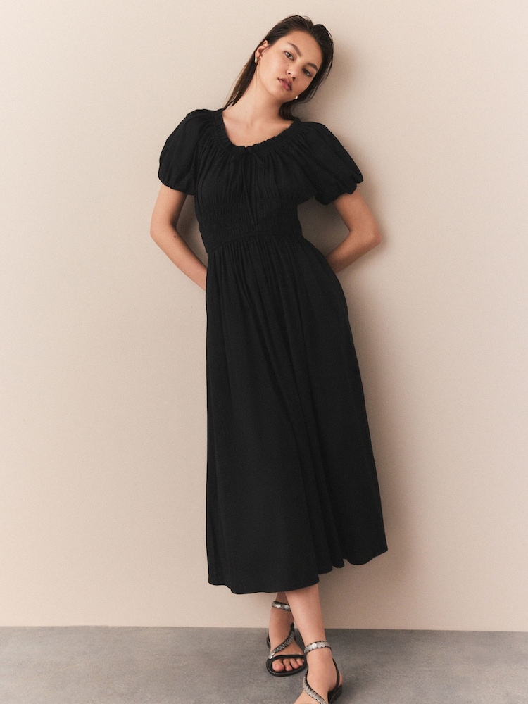 Black Puff Sleeve Seersucker Midi Summer Dress - Image 1 of 8