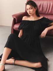 Black Puff Sleeve Seersucker Midi Summer Dress - Image 2 of 8
