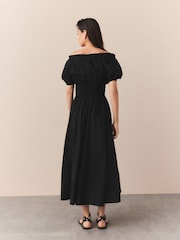 Black Puff Sleeve Seersucker Midi Summer Dress - Image 3 of 8
