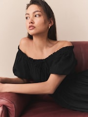 Black Puff Sleeve Seersucker Midi Summer Dress - Image 4 of 8