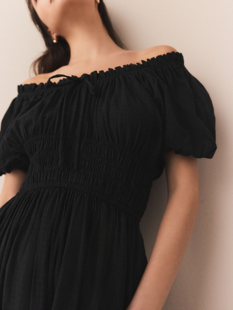 Black Puff Sleeve Seersucker Midi Summer Dress - Image 5 of 8