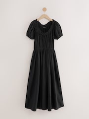 Black Puff Sleeve Seersucker Midi Summer Dress - Image 6 of 8