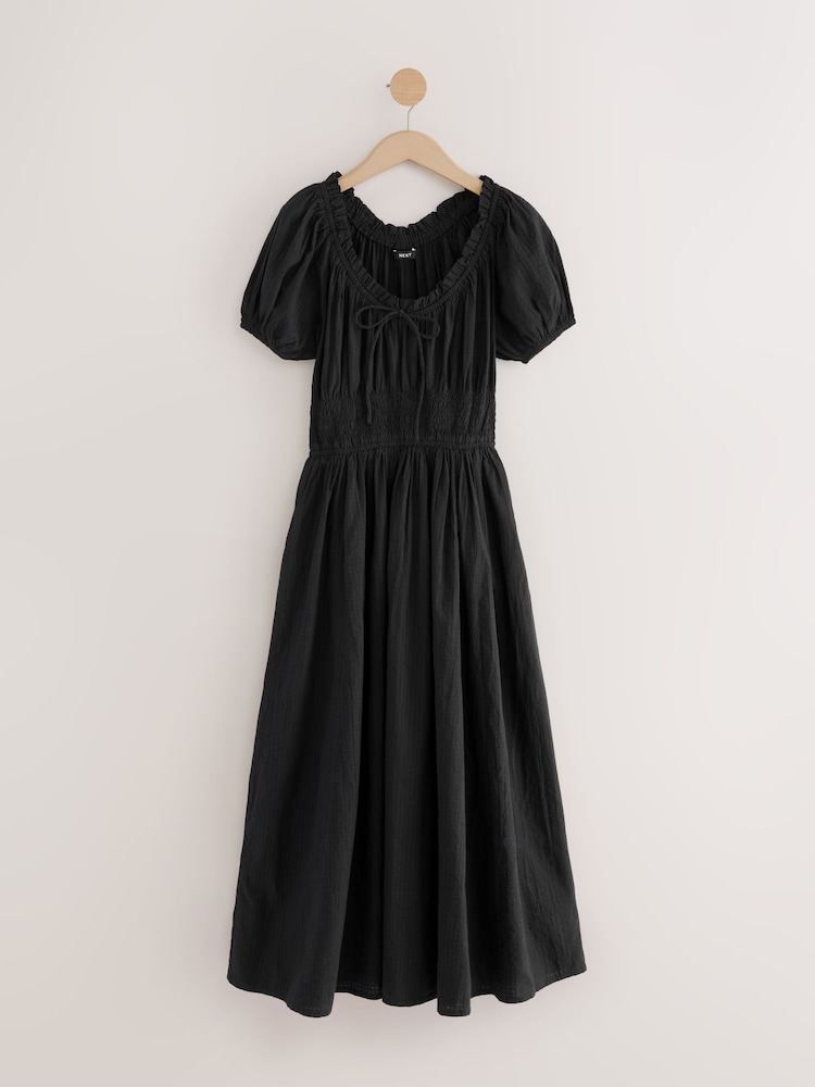 Black Puff Sleeve Seersucker Midi Summer Dress - Image 6 of 8