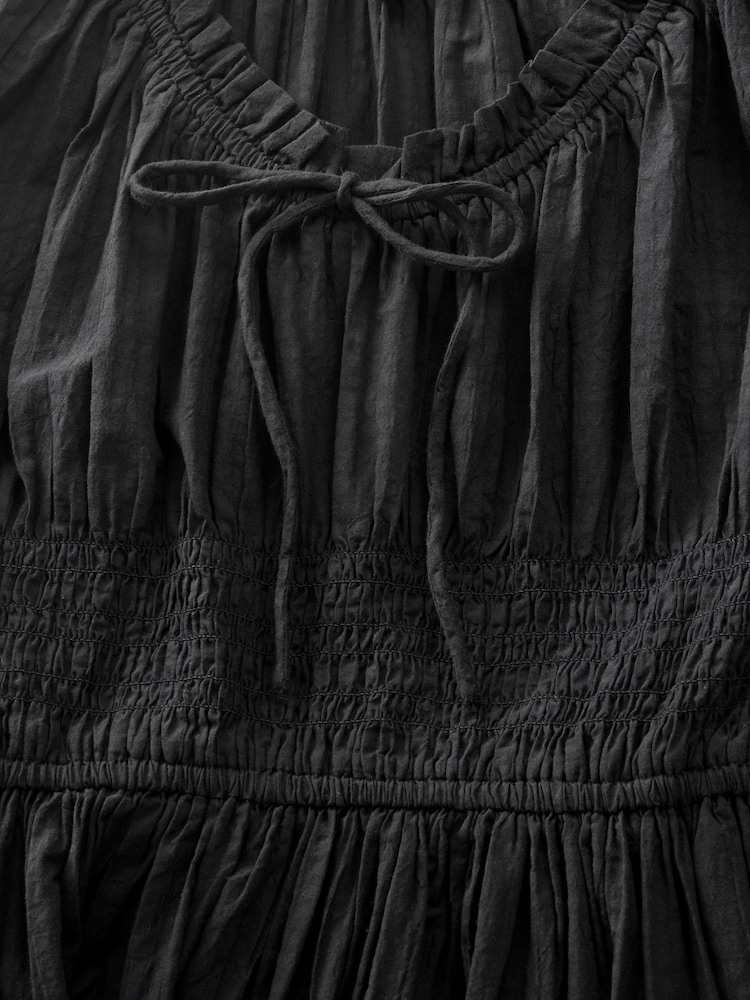 Black Puff Sleeve Seersucker Midi Summer Dress - Image 8 of 8