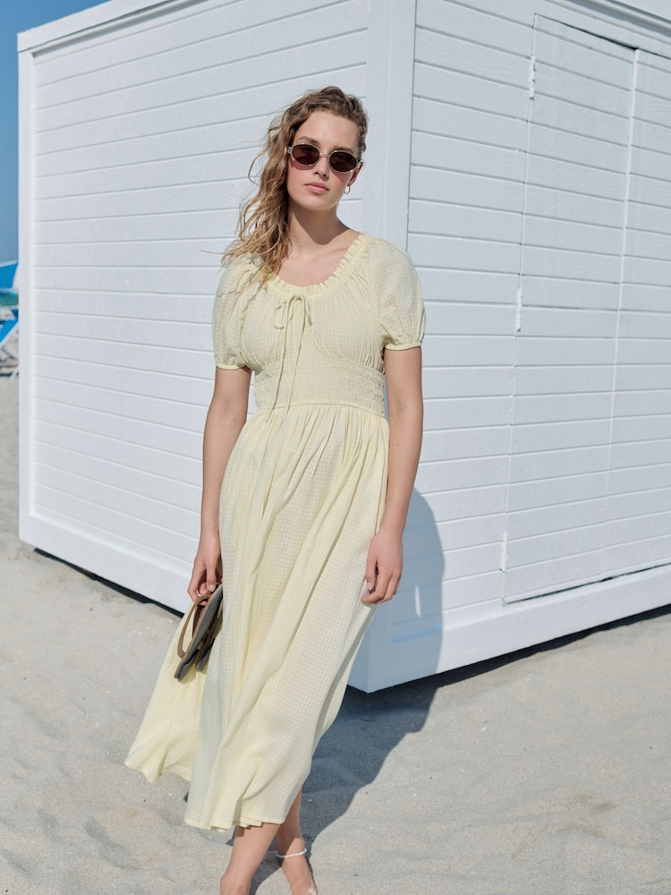Lemon Yellow Puff Sleeve Seersucker Midi Summer Dress - Image 1 of 8