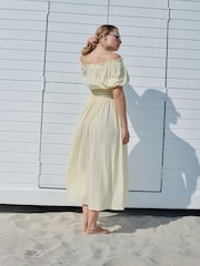 Lemon Yellow Puff Sleeve Seersucker Midi Summer Dress - Image 2 of 8