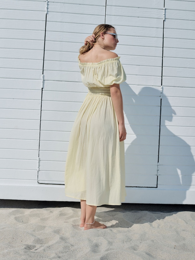 Lemon Yellow Puff Sleeve Seersucker Midi Summer Dress - Image 2 of 8