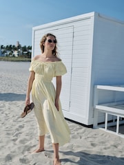 Lemon Yellow Puff Sleeve Seersucker Midi Summer Dress - Image 4 of 8