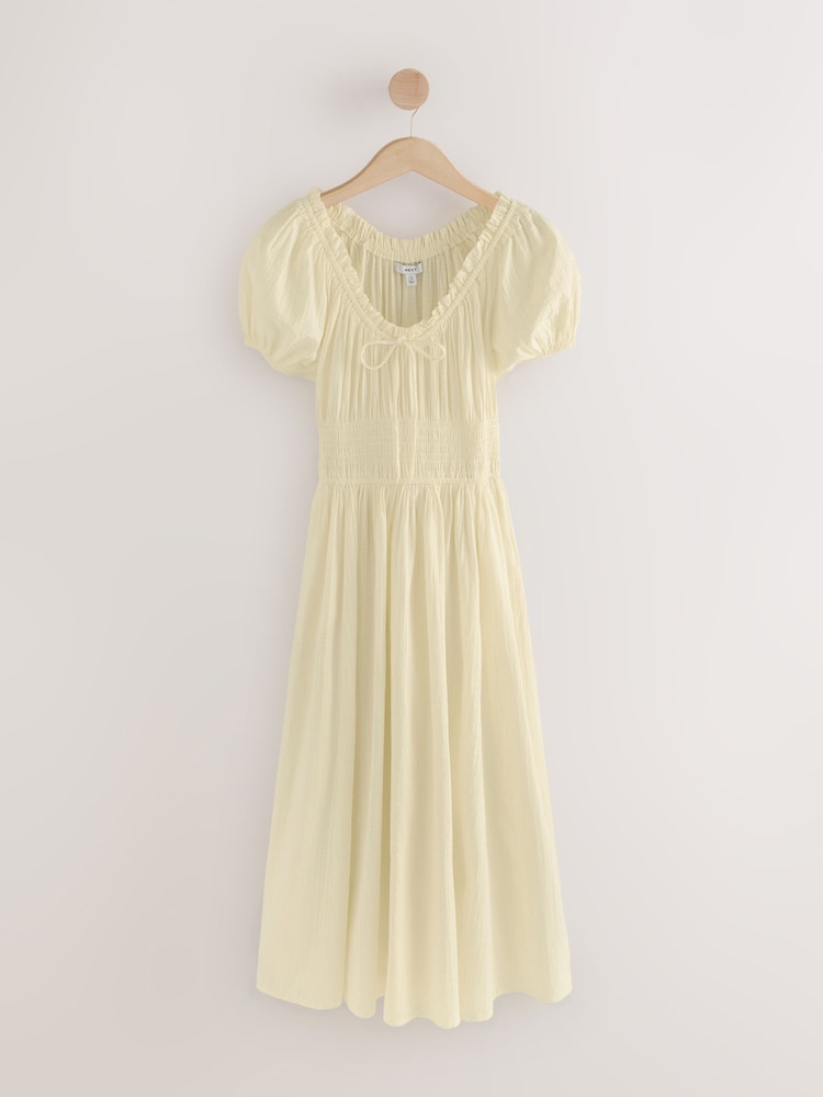 Lemon Yellow Puff Sleeve Seersucker Midi Summer Dress - Image 6 of 8