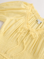 Lemon Yellow Puff Sleeve Seersucker Midi Summer Dress - Image 8 of 8