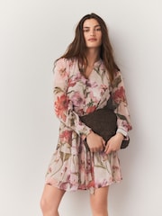 Red Floral Print Mini Long Sleeve Tie Dress - Image 1 of 7