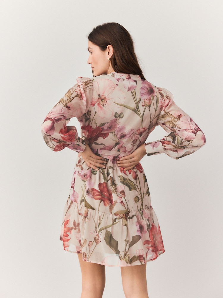 Red Floral Print Mini Long Sleeve Tie Dress - Image 2 of 7